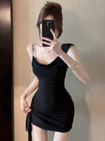Black Asymmetric Neck Bodycon Short Prom Dresses Homecoming Dresses with Bow HZ1024