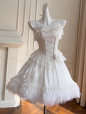 White Spaghetti Straps A-Line Tulle Lace Short Prom Dresses Homecoming Dresses with Beading HZ1024