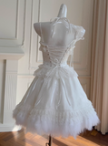 White Spaghetti Straps A-Line Tulle Lace Short Prom Dresses Homecoming Dresses with Beading HZ1024