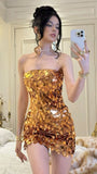 Gold Strapless Bodycon Sequin Short Party Dresses Homecoming Dresses HZ1024