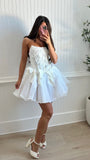White Strapless A-Line Tulle Beaded Short Prom Dresses Homecoming Dresses HZ1024