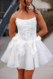 White Strapless A-Line Tulle Beaded Short Prom Dresses Homecoming Dresses HZ1024