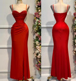 Red Spaghetti Straps Mermaid Satin Beaded Long Prom Dresses Formal Evening Gowns HZ1024