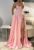 Strapless Pink A-Line Satin Long Prom Dresses Formal Evening Gowns with Slits HZ1024