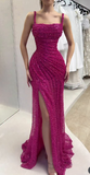 Fuchsia Square Neck Mermaid Sequin Long Prom Dresses Formal Evening Gowns with Slits HZ1024