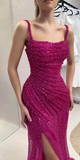 Fuchsia Square Neck Mermaid Sequin Long Prom Dresses Formal Evening Gowns with Slits HZ1024