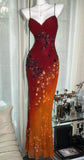 Ombre Spaghetti Straps Bodycon Chiffon Beading Long Prom Dresses Formal Evening Gowns HZ1024
