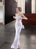 Apricot Spaghetti Straps Mermaid Satin Party Dress HZ1024