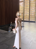 Apricot Spaghetti Straps Mermaid Satin Party Dress HZ1024