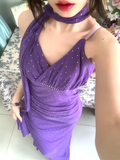 Purple Spaghetti Straps Sheath Chiffon Ruffle Party Dress Y2K Formal Evening Gowns HZ1024