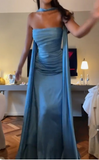 Blue Strapless Sheath Satin Long Prom Dresses Formal Evening Gowns HZ1024