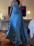 Blue Strapless Sheath Satin Long Prom Dresses Formal Evening Gowns HZ1024