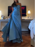 Blue Strapless Sheath Satin Long Prom Dresses Formal Evening Gowns HZ1024