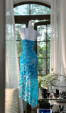 Blue Spaghetti Straps Sheath Chiffon Sequin Long Prom Dresses Elegant Formal Evening Gowns HZ1024