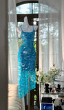 Blue Spaghetti Straps Sheath Chiffon Sequin Long Prom Dresses Elegant Formal Evening Gowns HZ1024