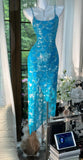 Blue Spaghetti Straps Sheath Chiffon Sequin Long Prom Dresses Elegant Formal Evening Gowns HZ1024