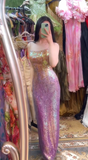 Gold Spaghetti Straps Sheath Sequin Long Prom Dresses Formal Evening Gowns HZ1024