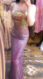 Gold Spaghetti Straps Sheath Sequin Long Prom Dresses Formal Evening Gowns HZ1024