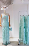 Tiffany Blue Strapless Bodycon Chiffon Long Prom Dresses Formal Evening Gowns HZ1024
