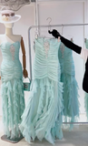 Tiffany Blue Strapless Bodycon Chiffon Long Prom Dresses Formal Evening Gowns HZ1024