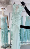 Tiffany Blue Strapless Bodycon Chiffon Long Prom Dresses Formal Evening Gowns HZ1024