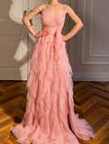 Peach Spaghetti Straps A-Line Layered Tulle Long Prom Dresses Formal Evening Gowns HZ1024