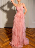 Peach Spaghetti Straps A-Line Layered Tulle Long Prom Dresses Formal Evening Gowns HZ1024