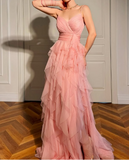 Peach Spaghetti Straps A-Line Layered Tulle Long Prom Dresses Formal Evening Gowns HZ1024