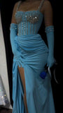 Blue Square Neck Bodycon Chiffon Long Prom Dresses Formal Evening Gowns with Rhinestones HZ1024