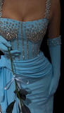Blue Square Neck Bodycon Chiffon Long Prom Dresses Formal Evening Gowns with Rhinestones HZ1024