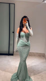 Mint Green Sweetheart Mermaid Chiffon Long Prom Dresses Formal Evening Gowns with Appliques HZ1024