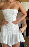 White Strapless Bodycon Satin Chiffon Homecoming Dresses Short Prom Dresses HZ1024