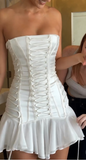 White Strapless Bodycon Satin Chiffon Homecoming Dresses Short Prom Dresses HZ1024