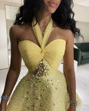 Butter Yellow Halter Neck A-Line Beaded Tulle Homecoming Dresses Short Prom Dresses HZ1024