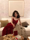 Sequined V-Neck Suspender Mermaid Maxi Dress HZ1024