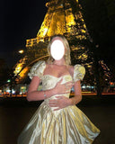 Yellow Square Neck A-Line Satin Homecoming Dresses Short Sleeves Prom Dresses HZ1024