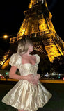 Yellow Square Neck A-Line Satin Homecoming Dresses Short Sleeves Prom Dresses HZ1024