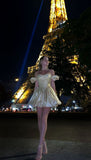 Yellow Square Neck A-Line Satin Homecoming Dresses Short Sleeves Prom Dresses HZ1024