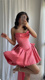 Hot Pink Strapless A-Line Satin Homecoming Dresses Short Prom Dresses with Bow HZ1024