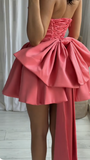 Hot Pink Strapless A-Line Satin Homecoming Dresses Short Prom Dresses with Bow HZ1024