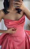 Hot Pink Strapless A-Line Satin Homecoming Dresses Short Prom Dresses with Bow HZ1024