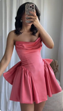 Hot Pink Strapless A-Line Satin Homecoming Dresses Short Prom Dresses with Bow HZ1024