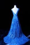 Royal Blue V-neck A-Line Beaded Tulle Long Prom Dresses Formal Evening Gowns HZ1024