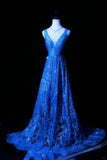 Royal Blue V-neck A-Line Beaded Tulle Long Prom Dresses Formal Evening Gowns HZ1024