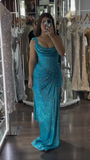 Turquoise Scoop Neck Sheath Sequin Long Prom Dresses Formal Evening Gowns with Slits HZ1024