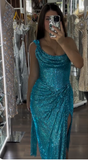 Turquoise Scoop Neck Sheath Sequin Long Prom Dresses Formal Evening Gowns with Slits HZ1024