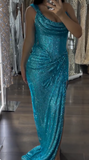 Turquoise Scoop Neck Sheath Sequin Long Prom Dresses Formal Evening Gowns with Slits HZ1024