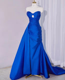 Royal Blue Sweetheart Neck Sheath Satin Long Prom Dresses Formal Evening Gowns with Slits HZ1024