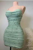Mint Green Spaghetti Straps Bodycon Beaded Chiffon Short Prom Dresses Homecoming Dresses HZ1024