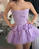 White Strapless A-Line Satin Tulle Short Prom Dresses Homecoming Dresses with Bow HZ1024